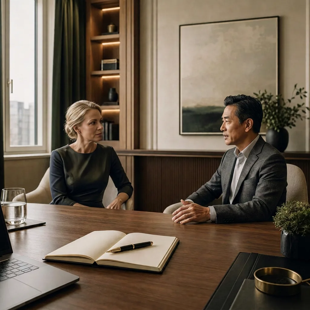 Blonde-haired woman in an elegant dress speaking with a middle-aged man during a thoughtful executive advisory conversation