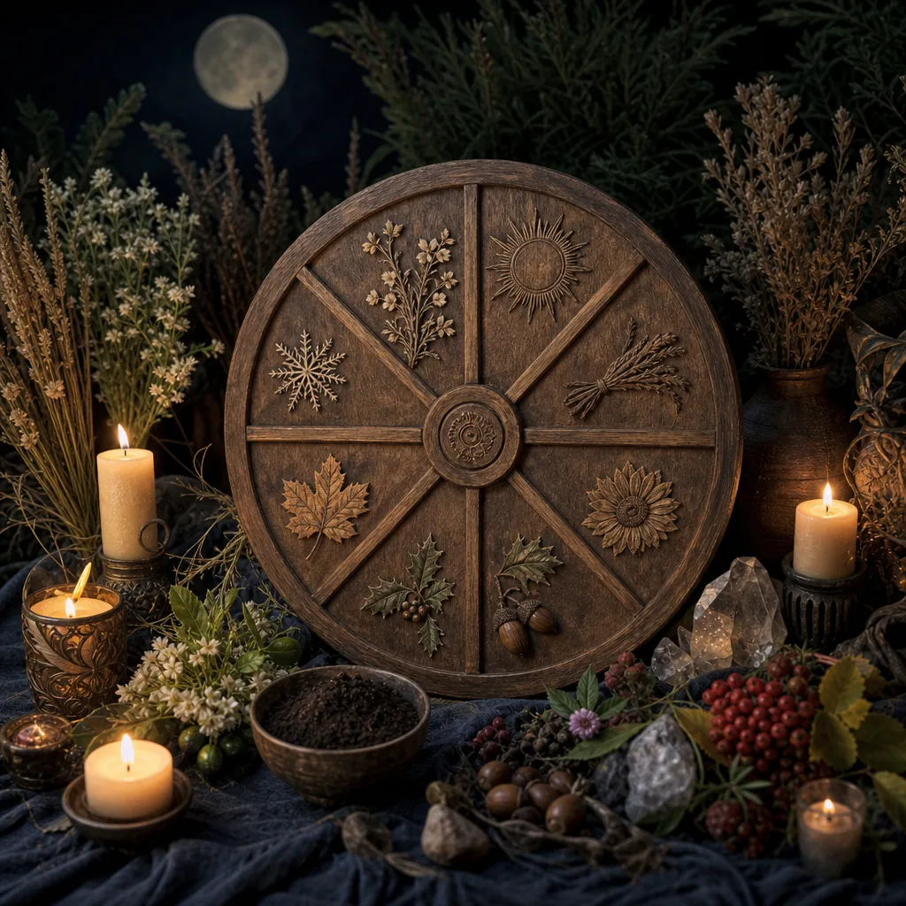 Handcrafted Wheel of the Year surrounded by candles, seasonal botanicals, berries, acorns, and moonlight